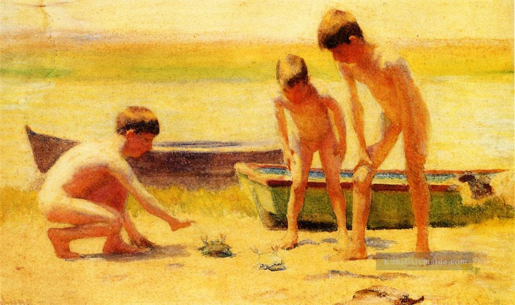 Jungen spielen mit Krabben Boot Thomas Pollock Anshutz Ölgemälde